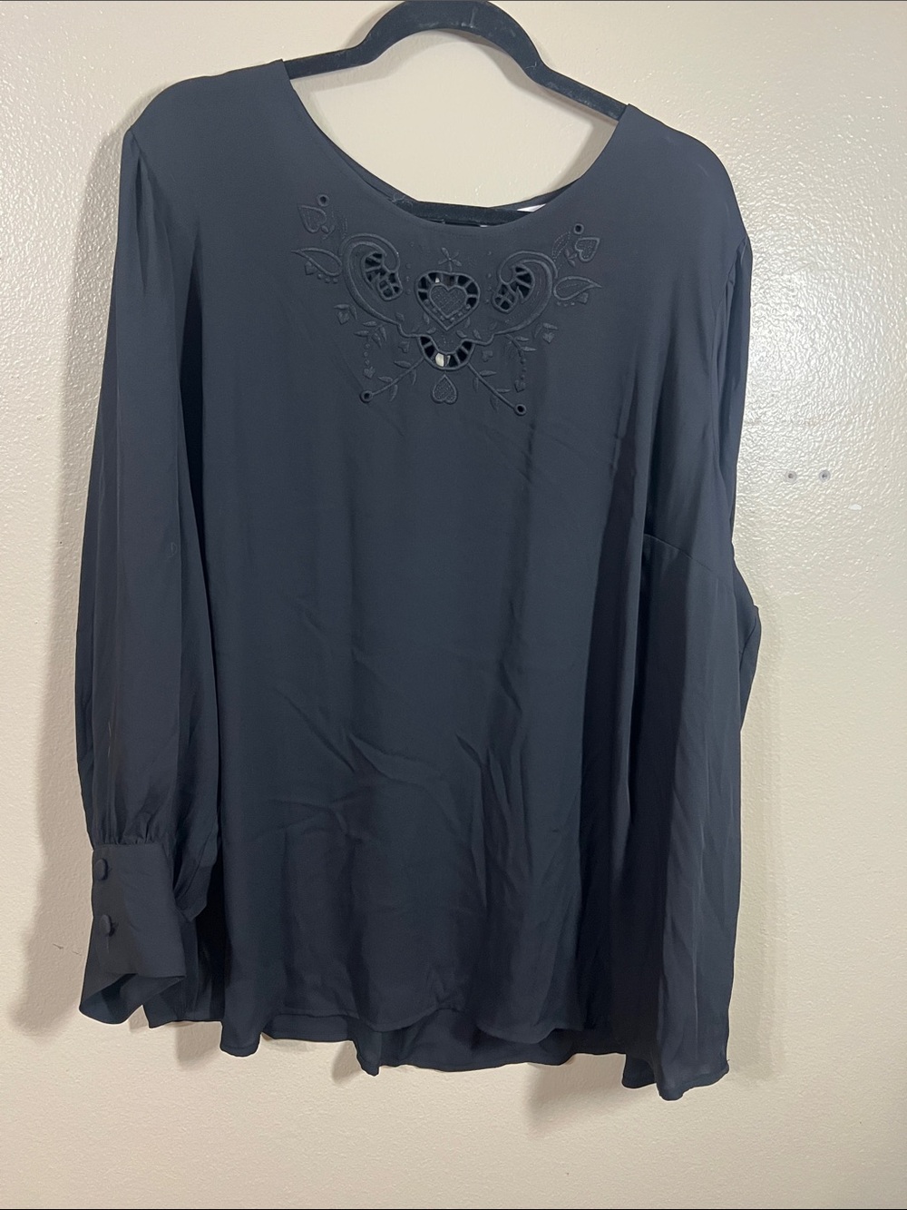 LC Lauren Conrad Black Long-Sleeve Blouse with Embroidered Cutout Yoke